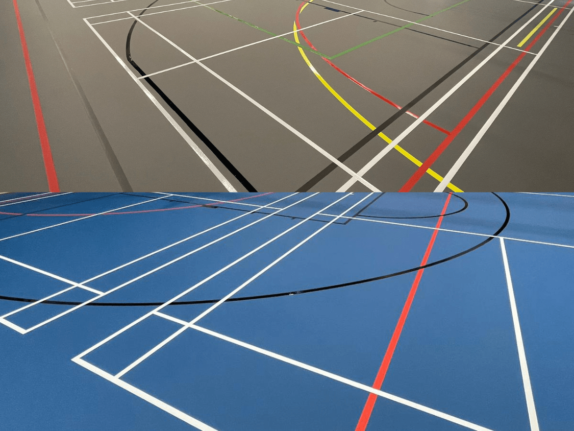 CMUK helps you choose the right colour for your sports hall flooring. image shows a blue and a grey sports floor with line markings